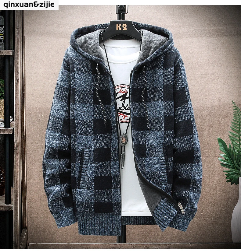 

Casual Zip Up Plaid Cardigan Sweater Male Oversize Warm Fleece Hooded Jacket Knitwear Mens Coat Clothes Autumn Winter 2021
