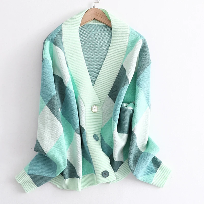 

2021V Neck Knit Oversize Female Cardigan Winter Argyle Single-Breasted Women's Sweater coat Autumn Loose Knit Cardigan Jacket