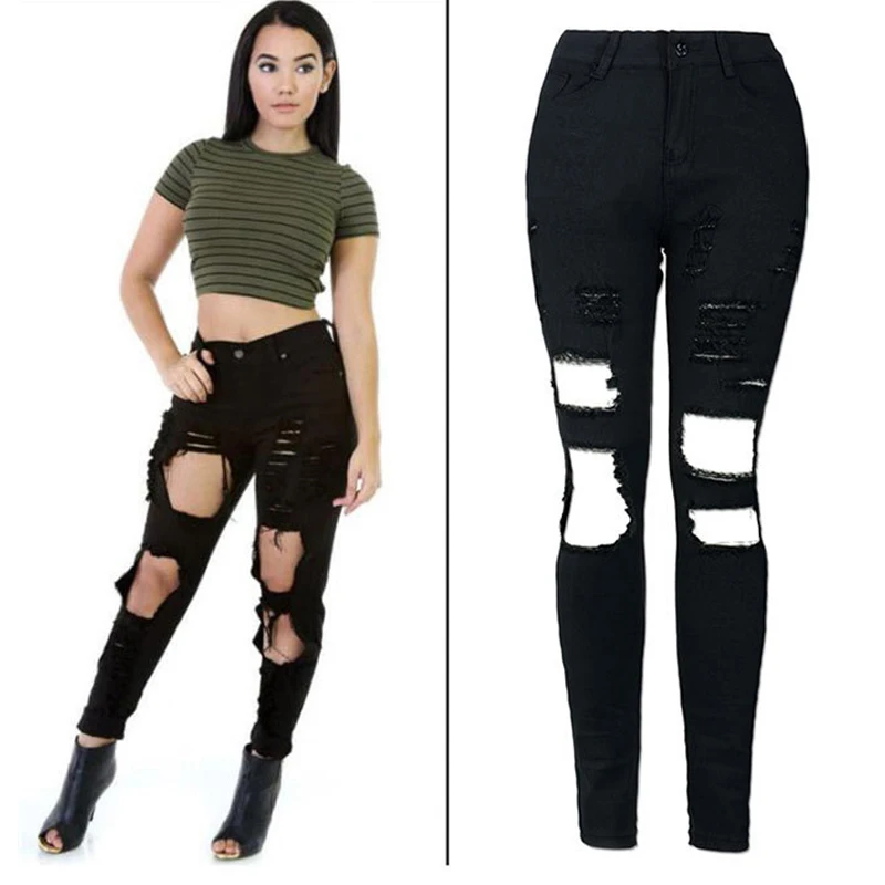 2019 джинсы для женщин черные с высокой талией женские нестандартные дырочки