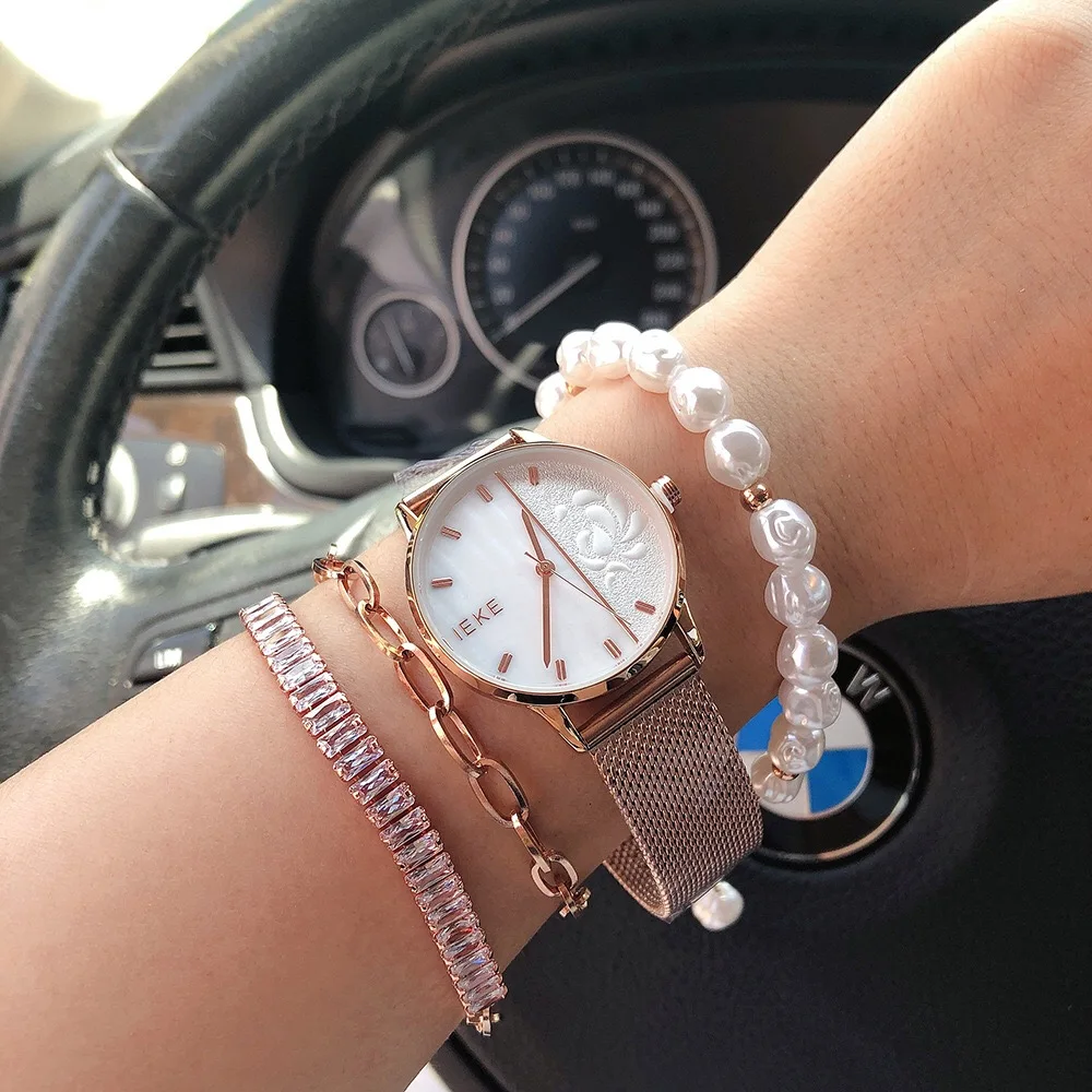 Fashion Women's Watch Bracelets Set Simple Mesh Strap Quartz Watch Steel and Pearl Bracelet With Gift Box For Girl's Ladies's