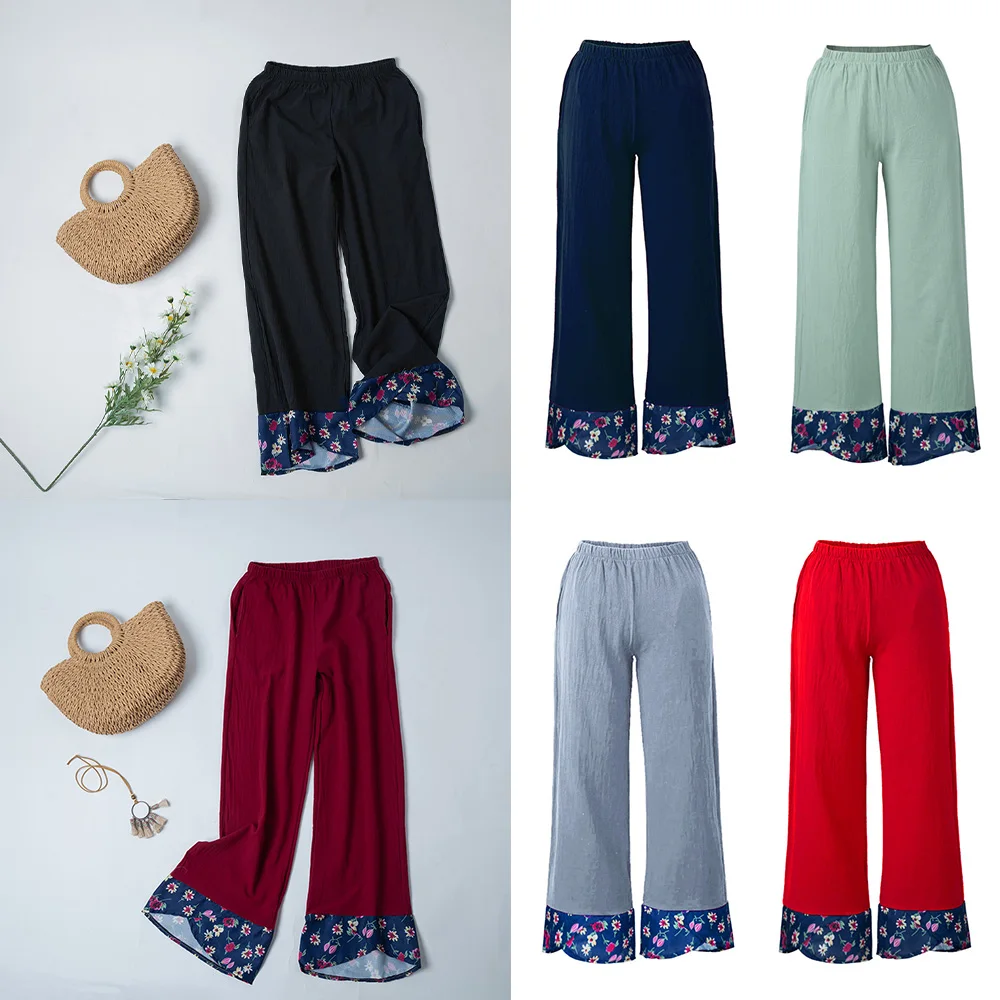 

Women Pants Floral Print Spliced Elastic Waist Wide Leg Pants Casual Loose Plus Size 5XL Female Summer Trousers