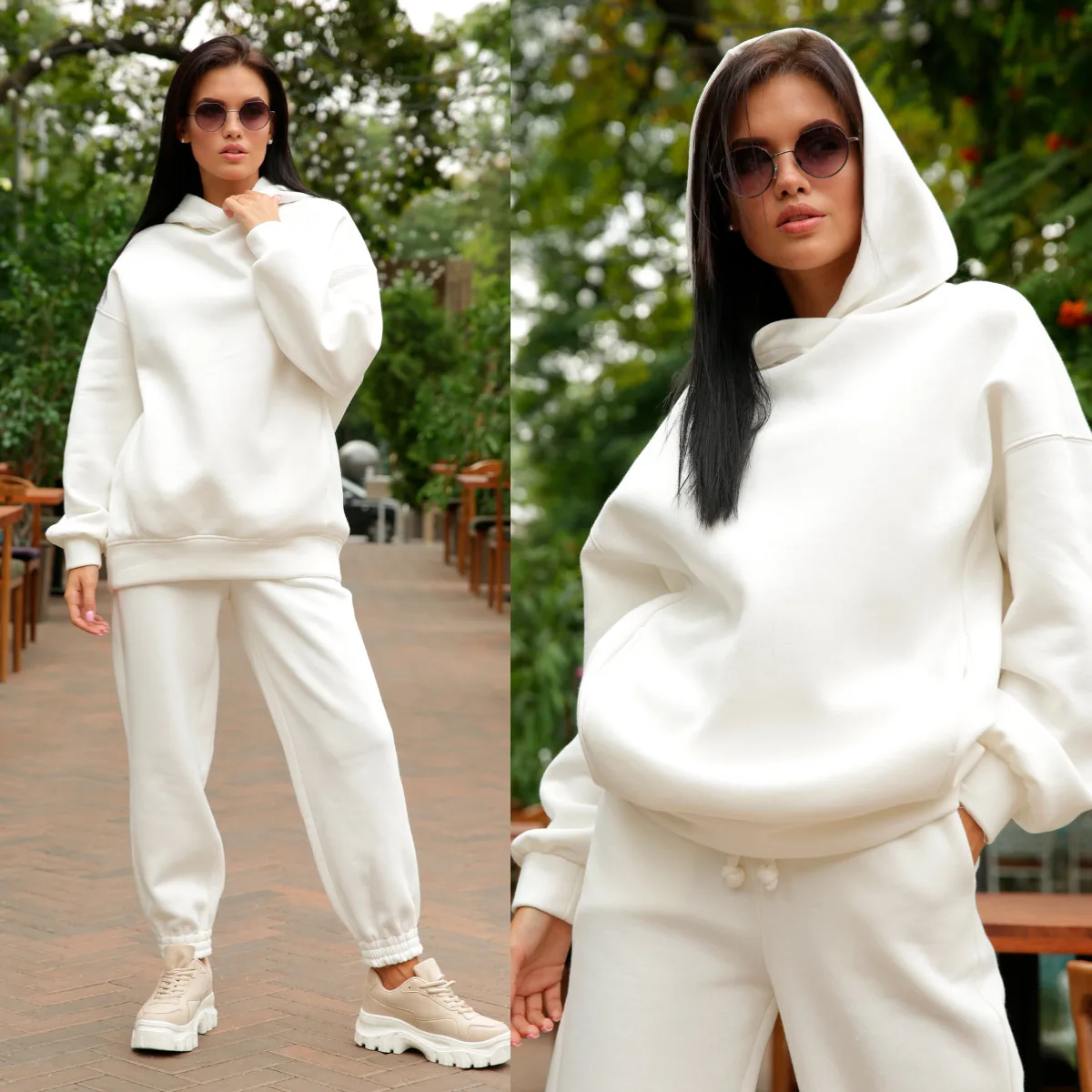 

WEPBEL Spring Autumn Solid Color Two-Piece Suit Women's Casual Long Sleeve Pocket Hooded Sweatshirt + Lace-up Trousers Suit