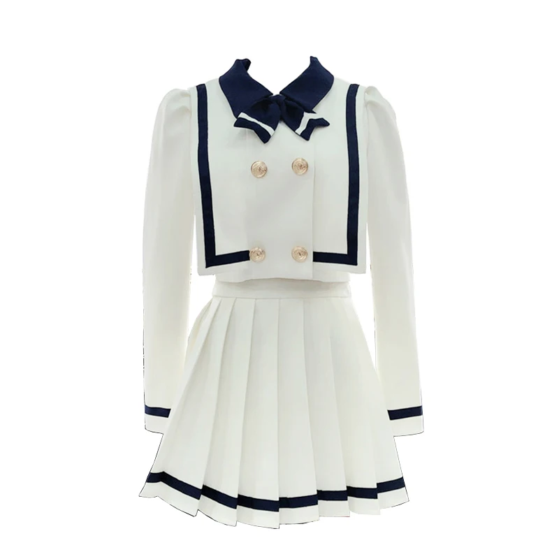 

PERHAPS U Women Blue White Long Sleeve Double-Breasted Skirt Two Pieces Set Elegant Autumn Sailor Collar T0474