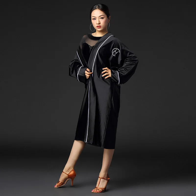 Женское длинное платье для латиноамериканских танцев черное выступлений модель