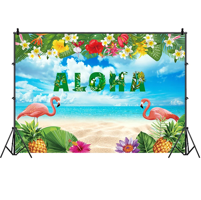

Aloha Luau Photo Backdrop Tropica Summer Beach Sea Hawaiian Happy Birthday Party Flower Photograph Background Banner Decoration