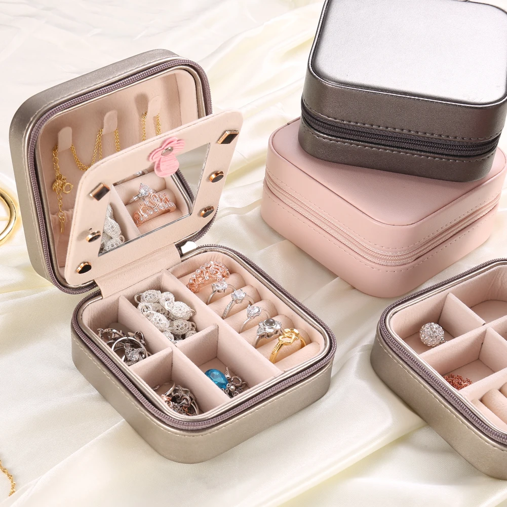 

Square-shaped Jewelry Box Earrings Necklace Bracelet Organizer with Mirror Travel Portable PU Leather Ring Showcase