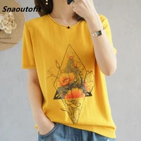 snaoutofit summer new round neck cotton fashion knit short female printed loose half sleeved t shirt top is on sale hot