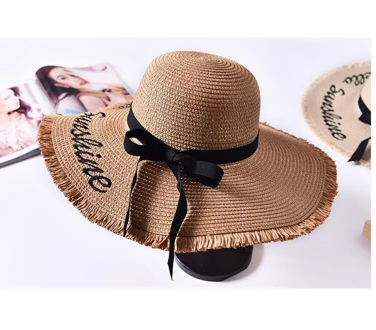 Лидер продаж, модная шляпа от солнца с бантом в стиле Хепберн, летняя шляпа с вышивкой для девочек, красивая Соломенная пляжная шляпа из рафии с большими полями