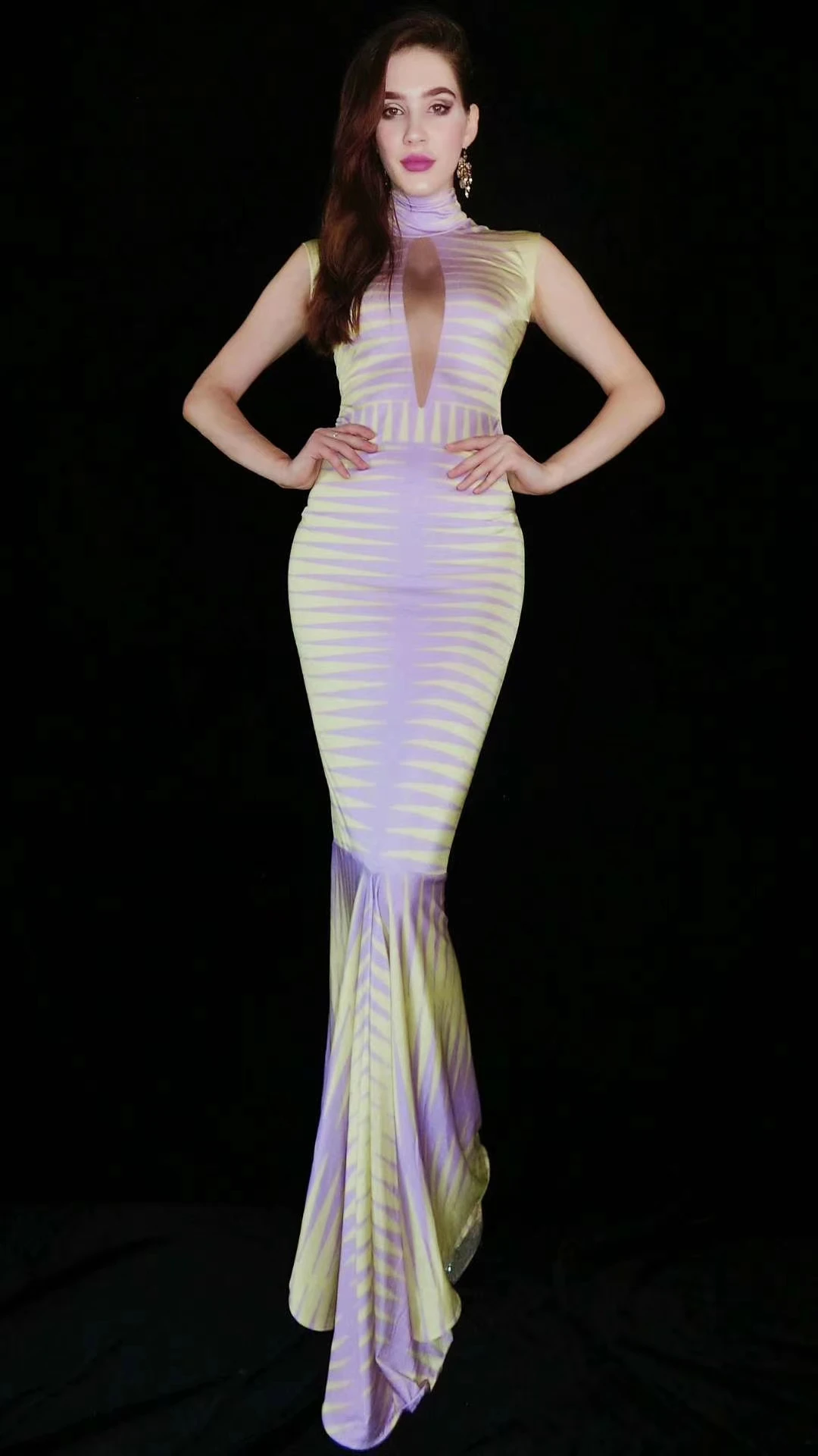 

Fashion Yellow Purple Splicing Spandex Long Dresses Women Dancer Singer Bar Floor-length Outfit Prom Party Evening Show Dress