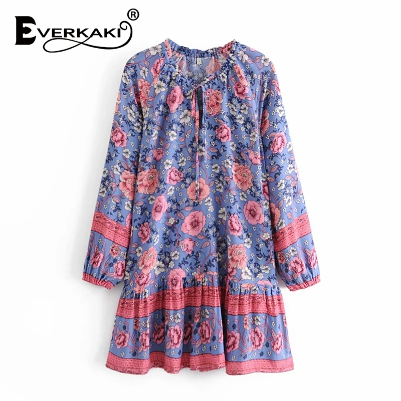 

Everkaki Boho Floral Print Mini Women Dress Summer Loose Elegant Ladies Vestidos Dresses Female ropa mujer Y2K 2021 New Clothing