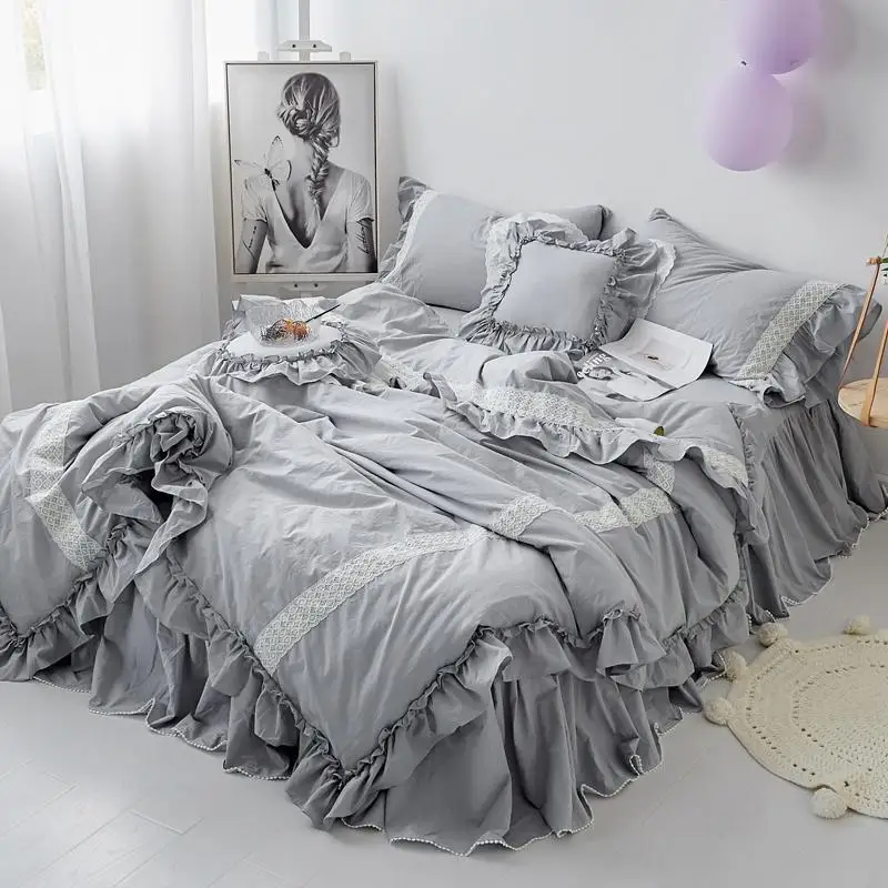 

30Grey Pink Lotus Korea Princess Bed Sets Girls Ruffles Bedding Set Romantic Bed Cover Set for Girls Bedskirt Twin Queen King