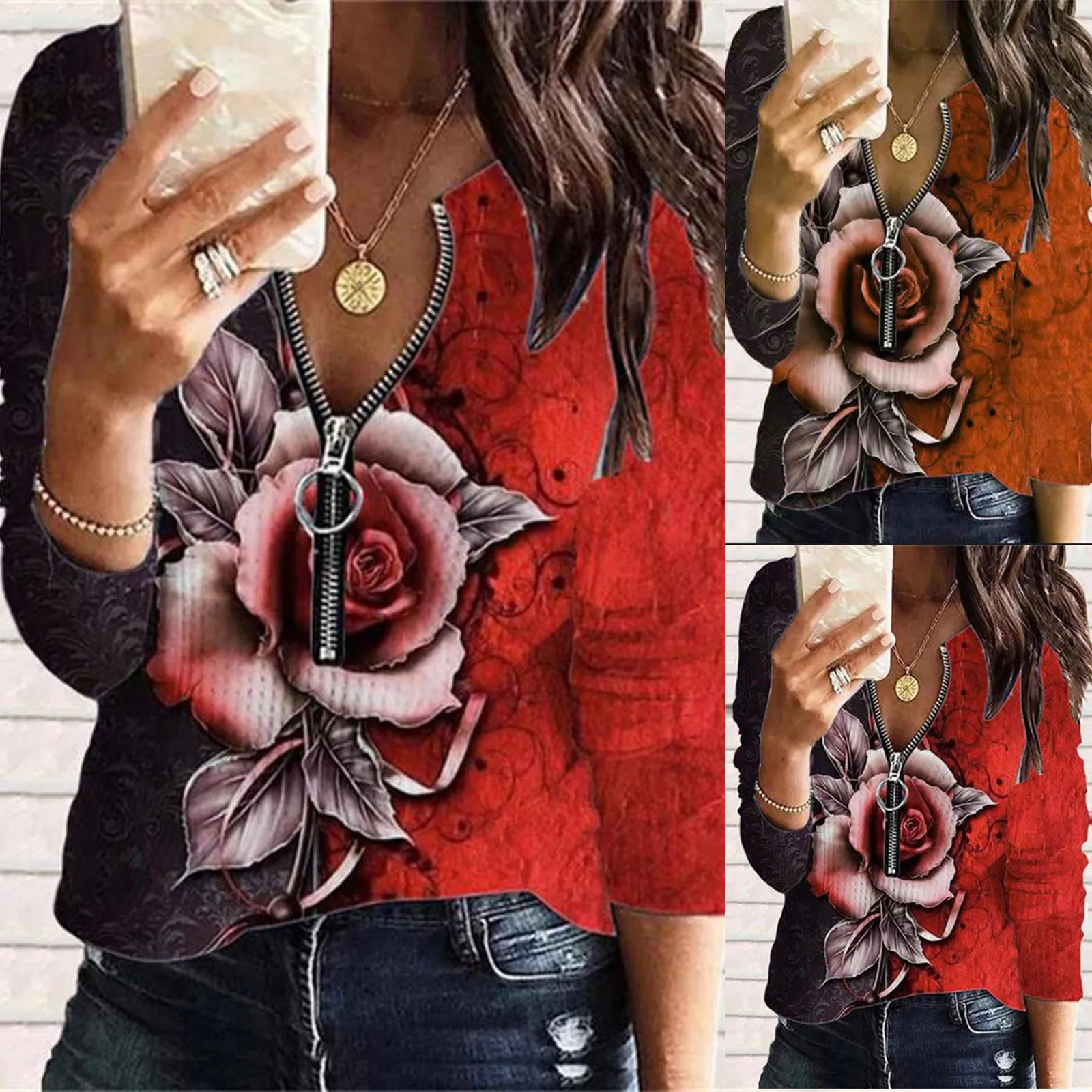 

Women V-Neck Flower Printing Zipper Color Block Workout Long Sleeve Casual Blouse Pullovers Top pullovers winter clothing
