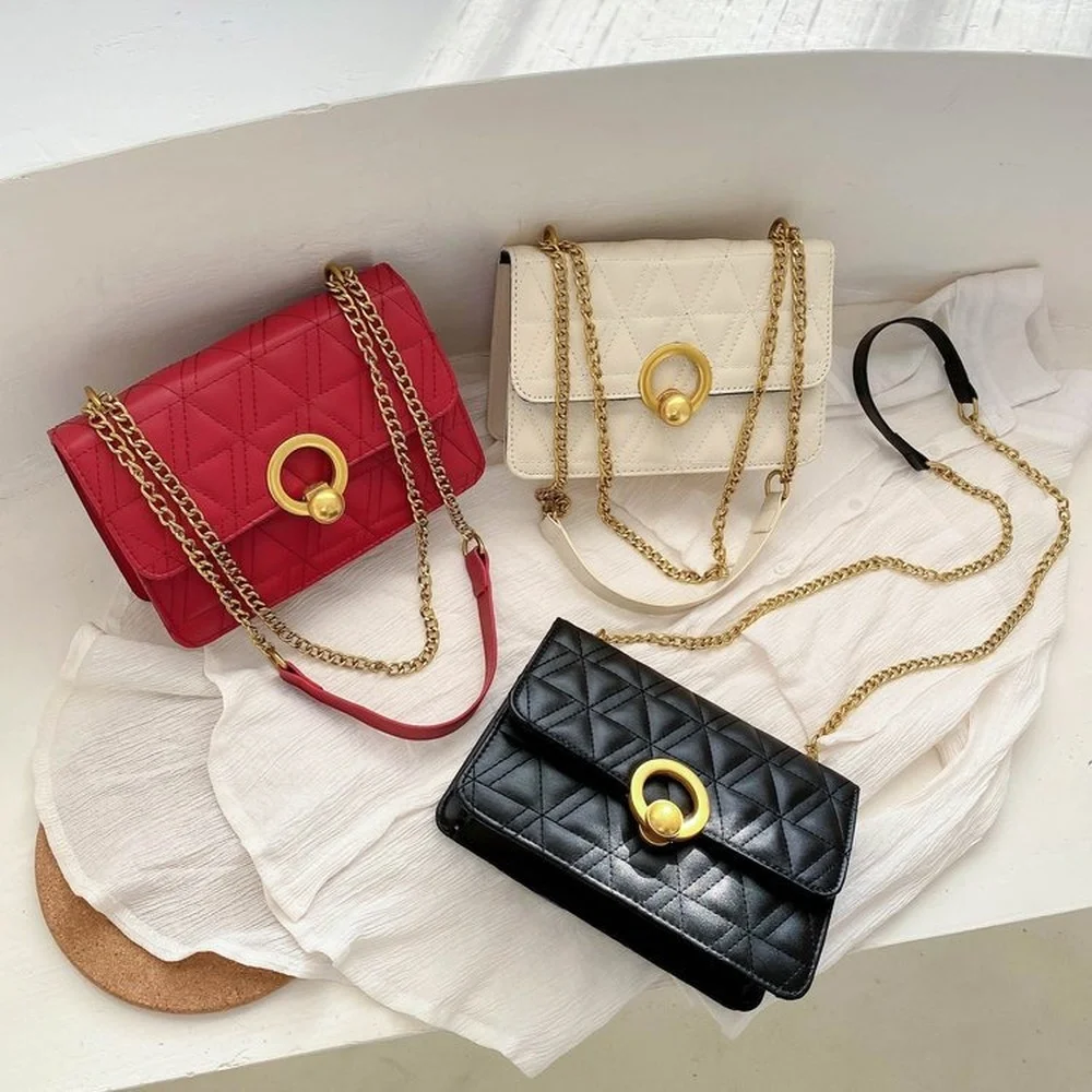 

Women Small Bag New Fashion Messenger Crossbody Leather Female Rhombus Embroidery Thread Chain Casual Small Square Bag