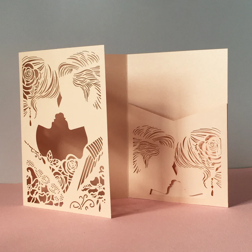 

50pcs Bride &Groom Tri Fold Pocket fold Wedding Invitations Cards pocket Pearl Paper Laser Cut Hollow Carving Greeting Cover