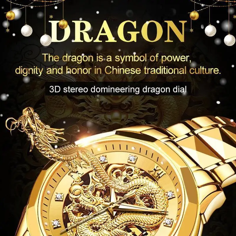 Мужские наручные часы с датой рельефный золотистый дракон водонепроницаемые