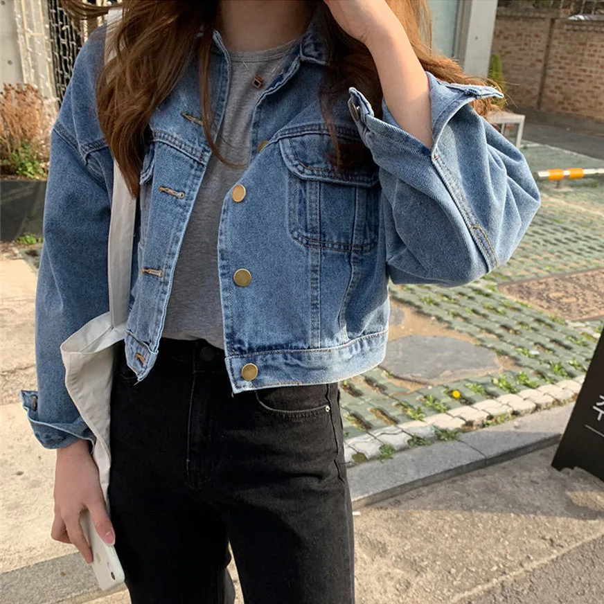 

Укороченная джинсовая куртка, Женская винтажная куртка с отложным воротником, длинным рукавом, с карманами, однобортная верхняя одежда, ...