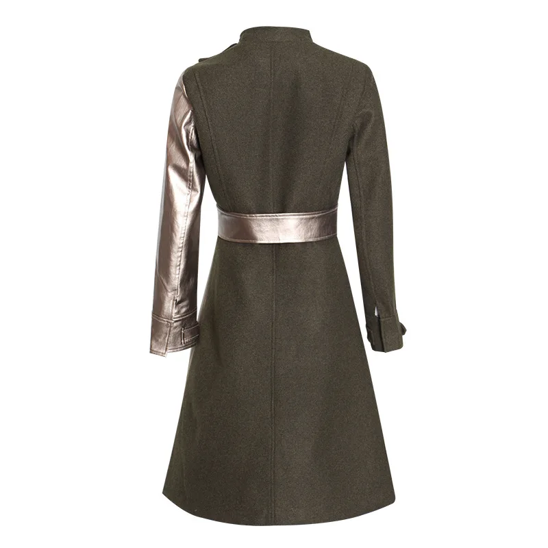 

2021 Autunm Long Trench Fashion Temperament Slim-Fit Woolen Dress Champagne Pu Young Wind Woolen Coat Women