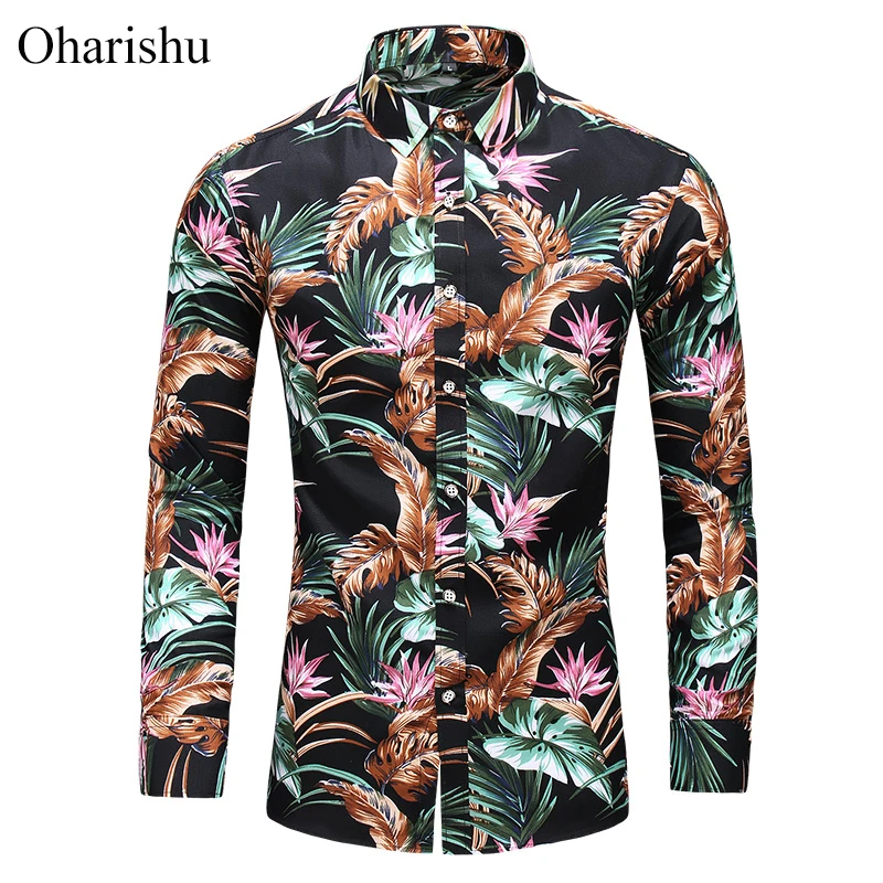 

2019 New Autumn New Long Sleeve Flowers Printed Shirts Plus Size 5XL 6XL 7XL Button Down Social Hawaiian Floral Shirt