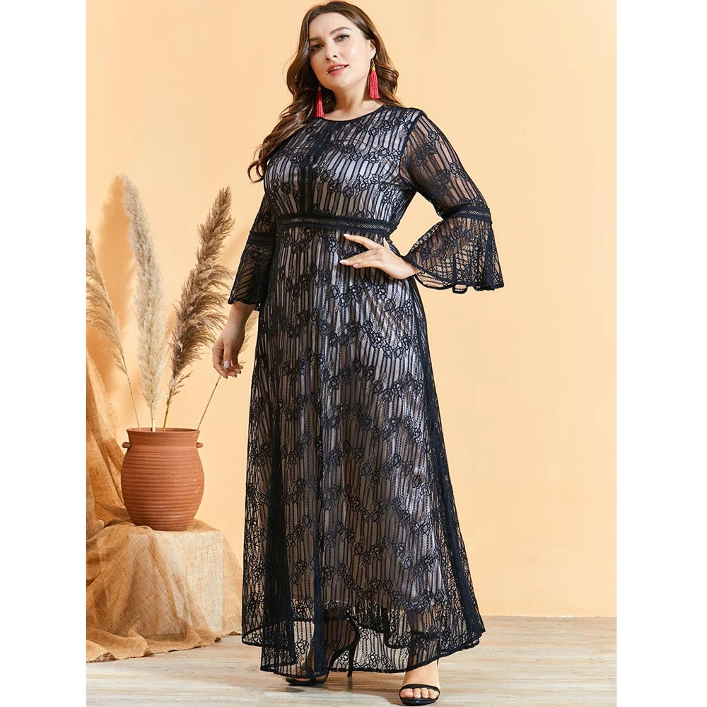 

Lace Black Hollow Abaya Dubai Kaftan Party Boho Gown Muslim Women Maxi Jilbab Islam Clothing Arab Robe Caftan Ramadan Plus Size