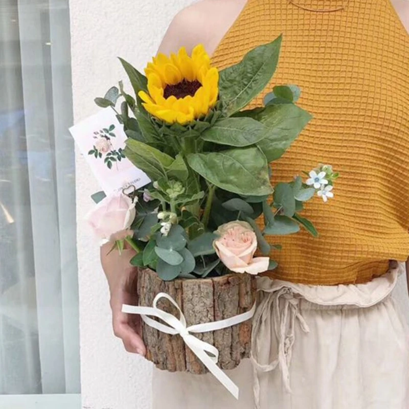 Vintage Wooden Flower Pot Desktop Flowerpots Garden Planters Tree Bark Succulent Plants Container Farmhouse Vase