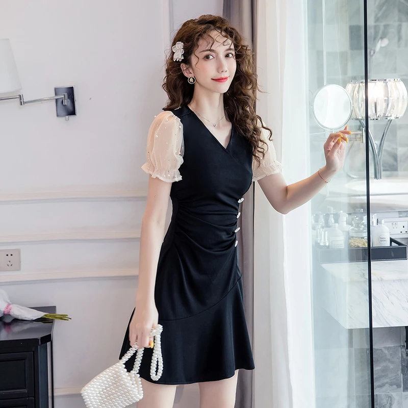 

COIGARSAM French Style Women dress New Summer Vintage High Waist Dresses Black 6586