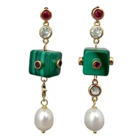 y%c2%b7ying natural green malachite%c2%a0cube cz pave chain cultured white rice pearl stud earrings
