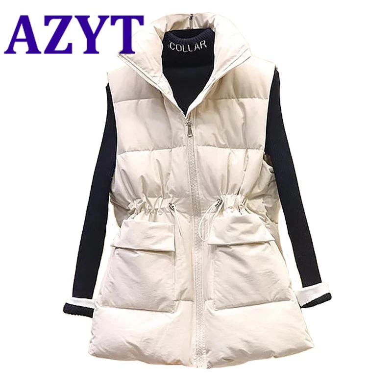 AZYT Winter Large Size Thicken Cotton Down Vest Women 2020 Drawstring Slim Warm Cotton Waistcoat Women Winter Sleeveless Jacket