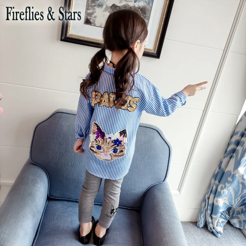Spring Autumn baby girls blouse dress kids tops Children brand clothes fashion striped sequin cat letter pop crown 2 to 7 yrs | Детская