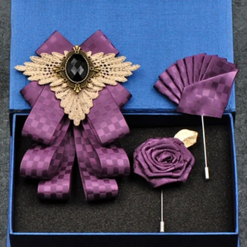 Purple set 2 Новая модная повседневная многослойная бриллиантовая брошь с бабочкой, стразы, красная брошь для галстука-бабочки, набор для свадьбы, жениха, жениха, мужчин, карманный квадратный мужской - Цвет: Purple set 2