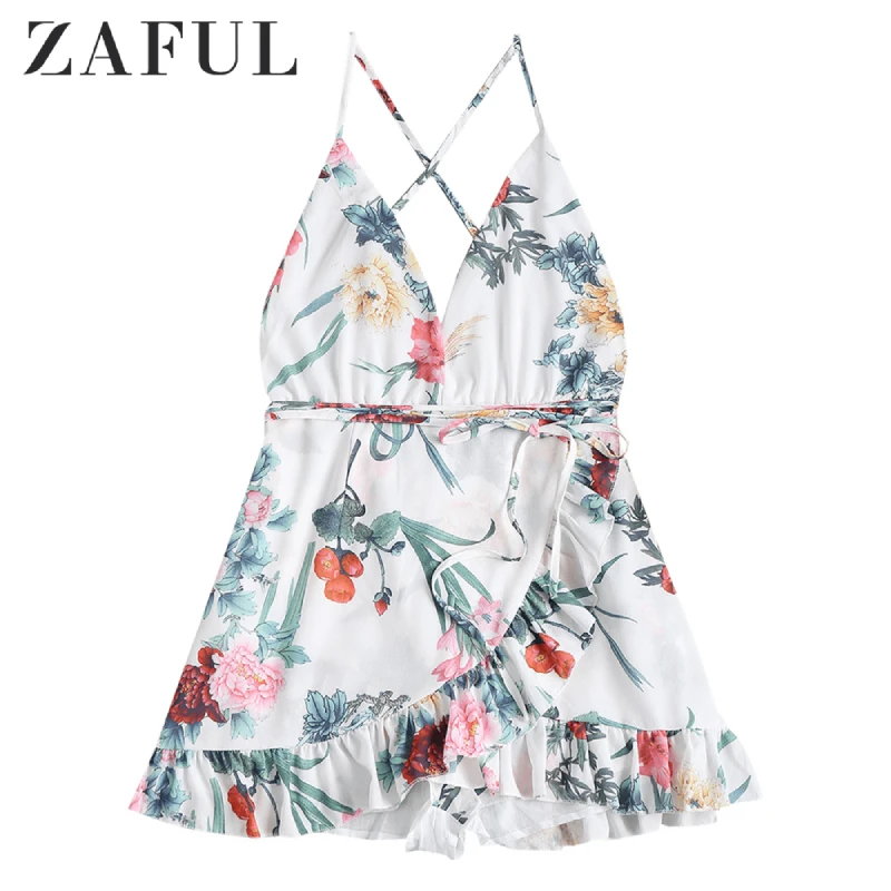 

ZAFUL Ruffles Floral Cami Romper Overlap Criss Crosss Women Romper Open Back Frilled Romper Flounces Romper Slip Romper Summer