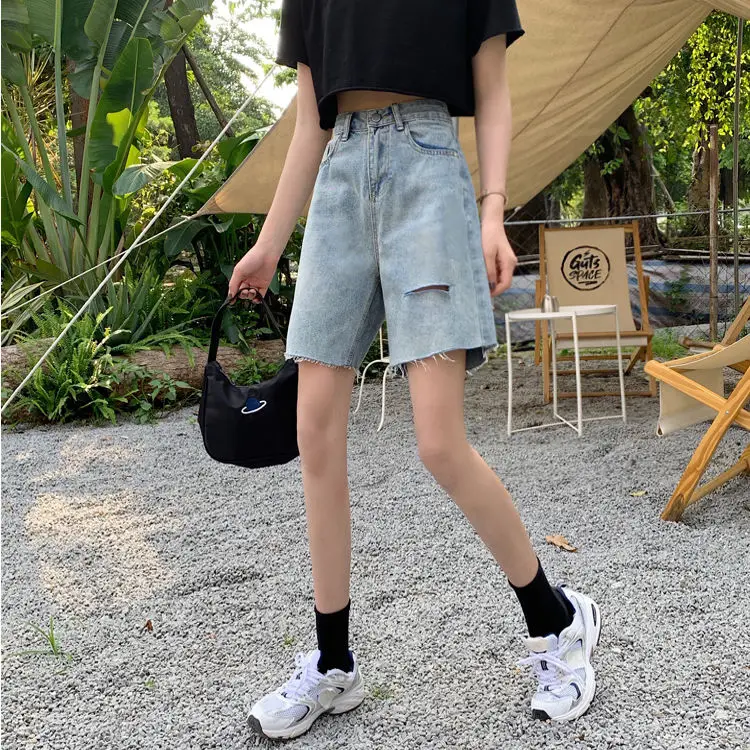 

Plus Size 4XL Summer Women Denim Shorts Fashion Womens Pocket Jeans Female Hole Bottom Sexy Casual Loose Ladies Femme Streewear