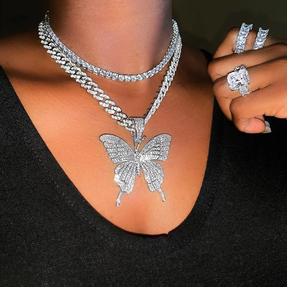 

NEW Pink Clear Crystal Butterfly Pendant Charm Miami Curb Cuban Chain Hip Hop Necklace Rapper Gift Rock for Women Jewelry set
