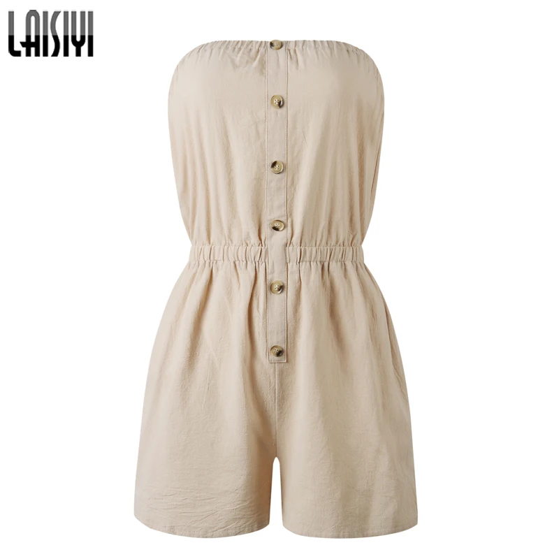 

LAISIYI Women Cotton Sexy Slash Neck Strapless Playsuits Summer Solid Single Breast Loose Jumpsuits Rompers for Women ASJU20501
