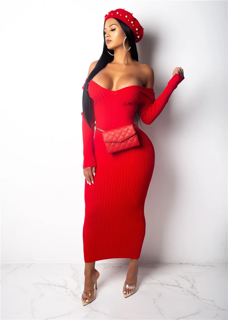 Ladies Sexy V-neck Knitted Dress Spring Autumn Women Fashionable Solid Color Long Sleeve Slim Skirt for Shopping | Женская одежда