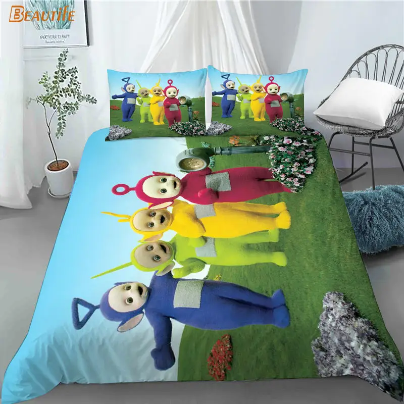 Gran oferta de los Teletubbies animaci&oacute;n 1 edred&oacute;n 2 fundas de almohada de tela de poli&eacute;ster ropa de cama conjunto chico familia chico Set Duvet Cover Set-2
