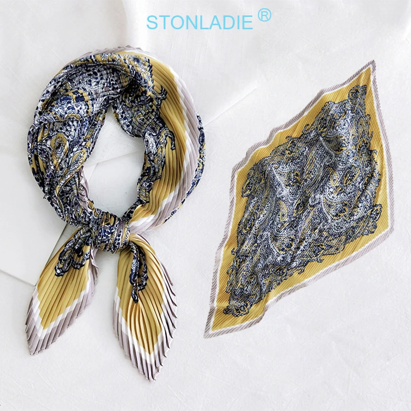 Spring New Designer Pleated Satin Silk Scarf For Women Euro Elegant Neckerchief Fashionable Printing Kerchief Tie Ladies |