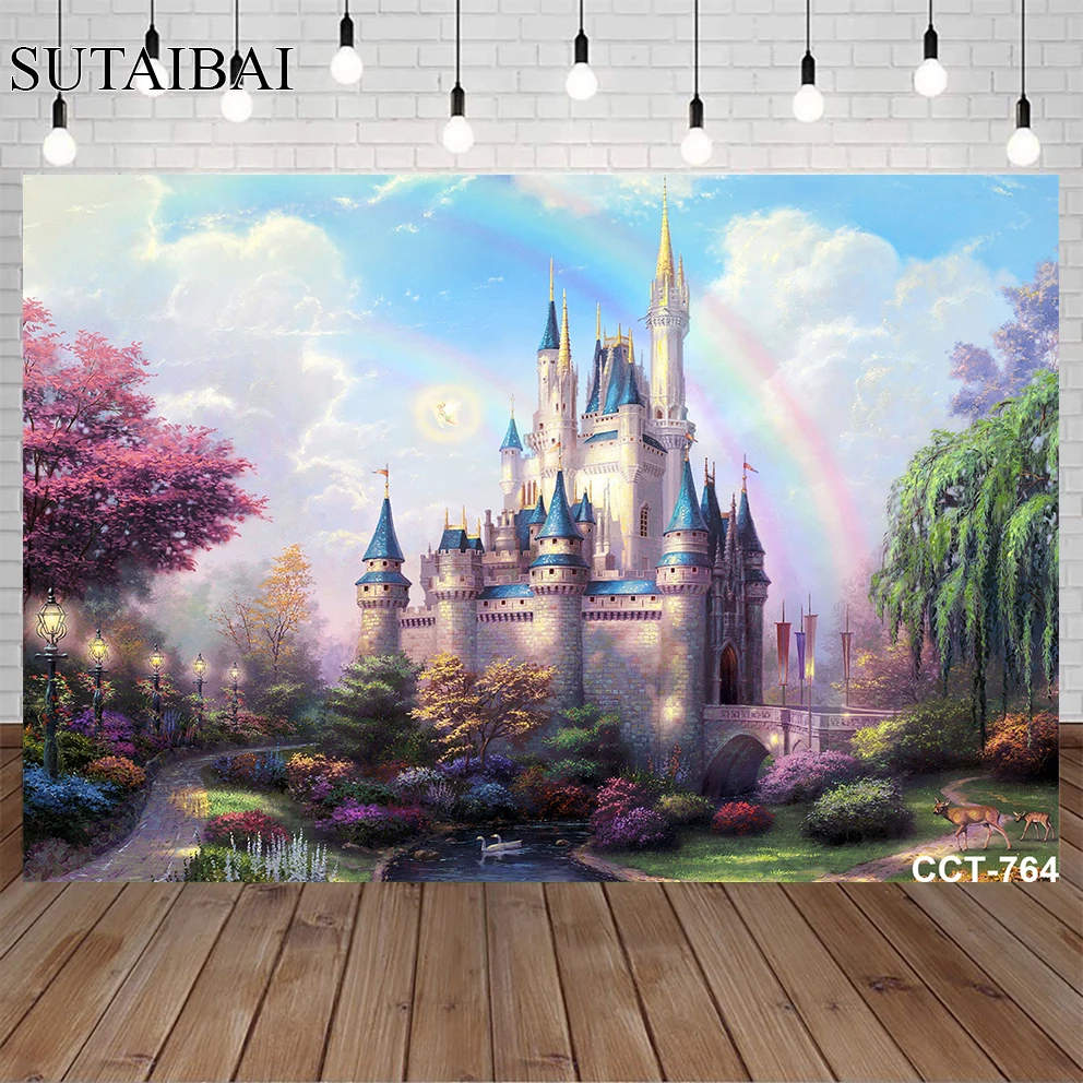 Enlarge Cinderella Magic Castle Backgrounds for Photography Little Princess Rainbow Bridge Shade Trail Baby Shower Photography Photo