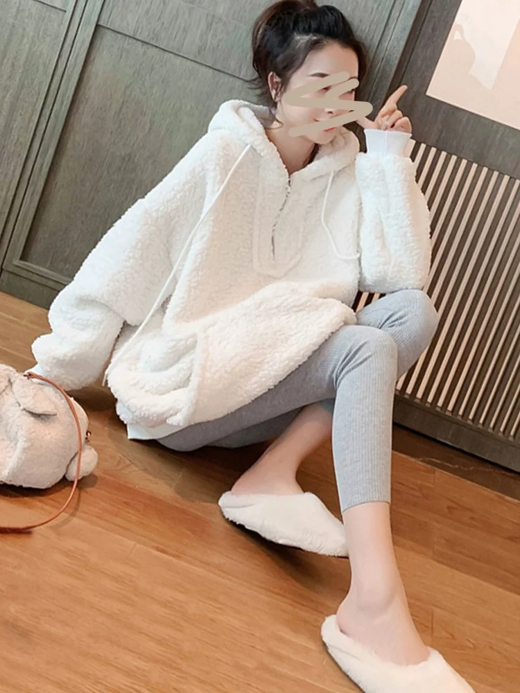 

Autumn and Winter Loose Pullover Lamb Wool Chic Hong Kong Style Hooded Sweater Women's Hot Thickened plus Velvet White fafa_ootd