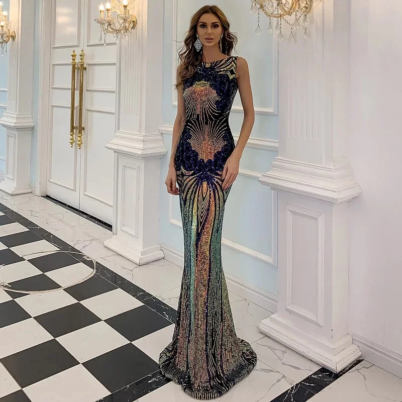 

2021 New Sexy Halter Sleeveless Sequin Long Dress Long Style Women's Dress Celebrity Party Cocktail Party Dress