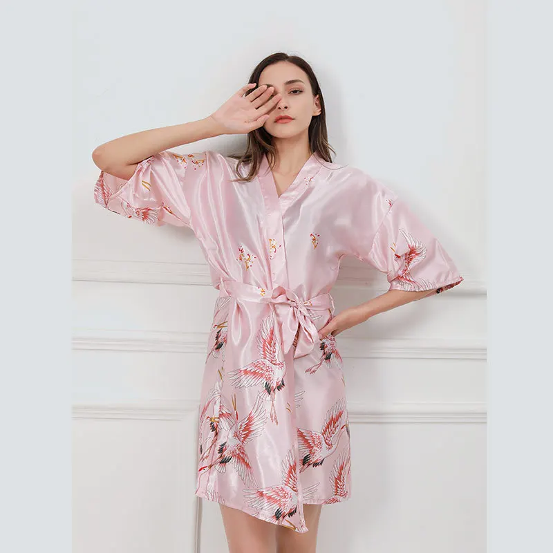 

Summer Pajamas Simulation Silk Ladies Night Gown Sexy Home Clothes Crane Printing Pajamas Short Bathrobe Morning Gown