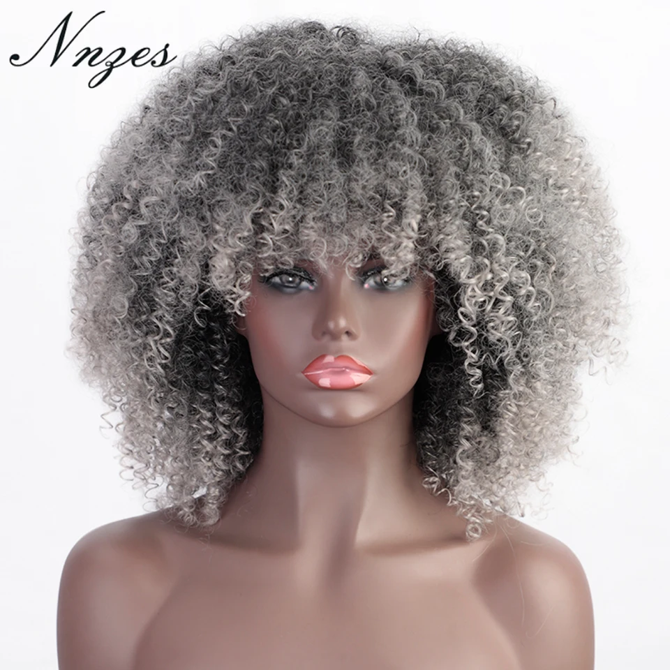 

NNZES 14 Inches Synthetic Short Afro Curly Ombre Grey Wig Black Ombre Blonde Color for Black Women Heat Resistnat Fiber