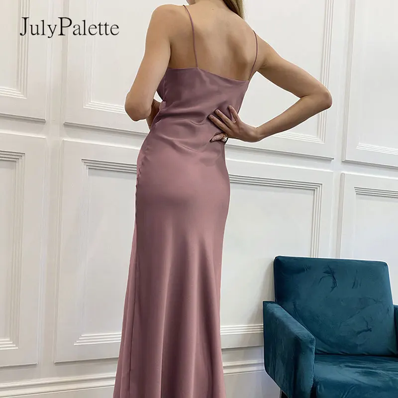 

Julypalette 2021 Summer Sexy Slim Satin Woman Dresses Fashion Spaghettistrap V-neck Dress Elegant Woman's Highwaist Long Dress