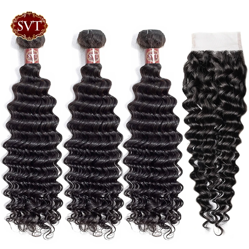 

SVT Hair Brazilian Deep Wave Bundles With Closure 4Pcs/Lot 8-26" Middle Ratio Non-Remy Human Hair Bundles With Lace Closure