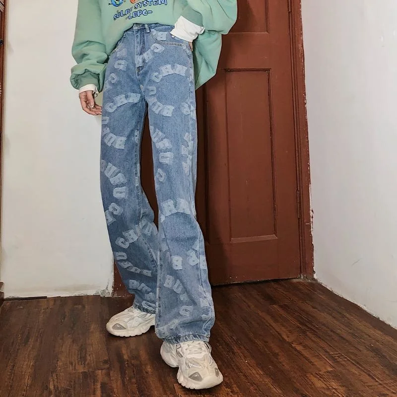 

Женские прямые брюки с буквенным принтом, повседневные облегающие джинсы с высокой талией, широкие брюки в Корейском стиле, уличная одежда, ...