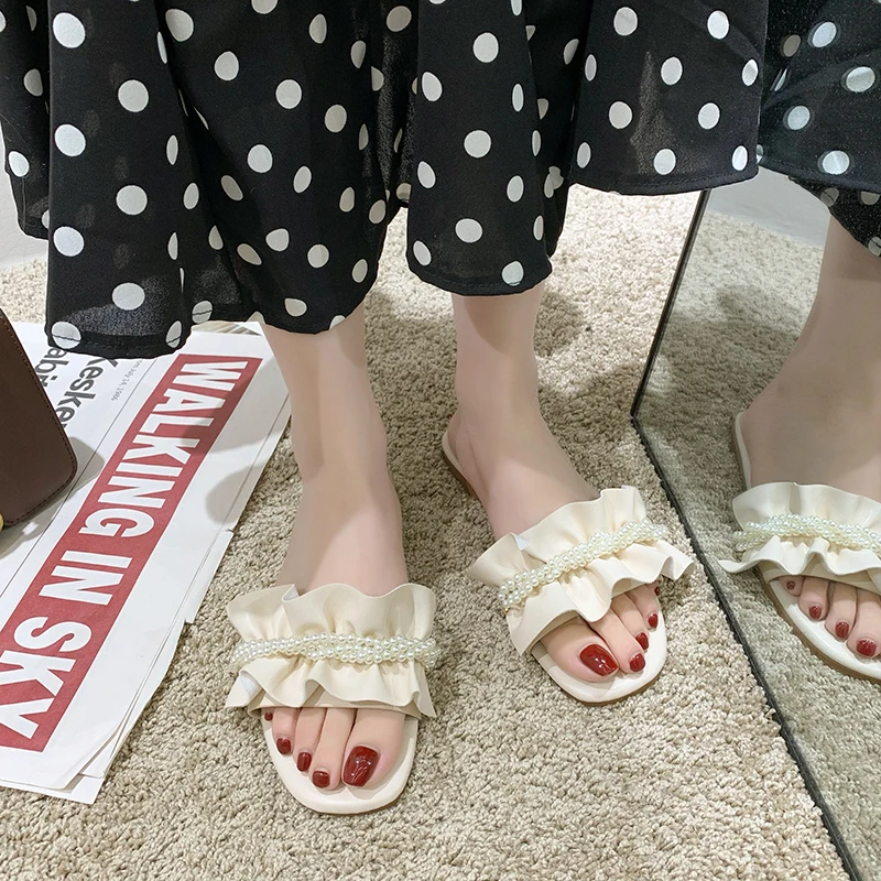 

Slippers Casual Low Shoes Slipers Women String Bead Slides Luxury Soft Flat 2021 Summer PU Floral Rubber Fabric Rome Basic
