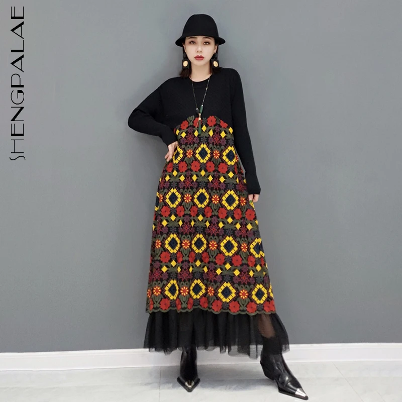 

SHENGPALAE, модные трикотажные женские платья с принтом, осень 2021, новые свободные женские платья до середины икры с круглым вырезом и длинным ру...