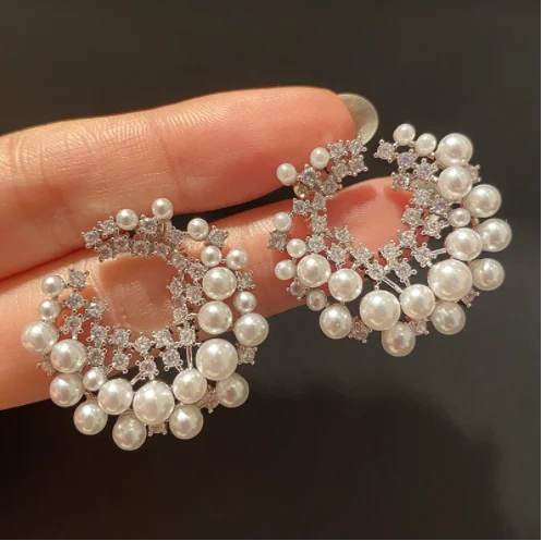 

Pearl irregular ear hoop earrings simple arc-shaped diamond-studded beauty retro earrings