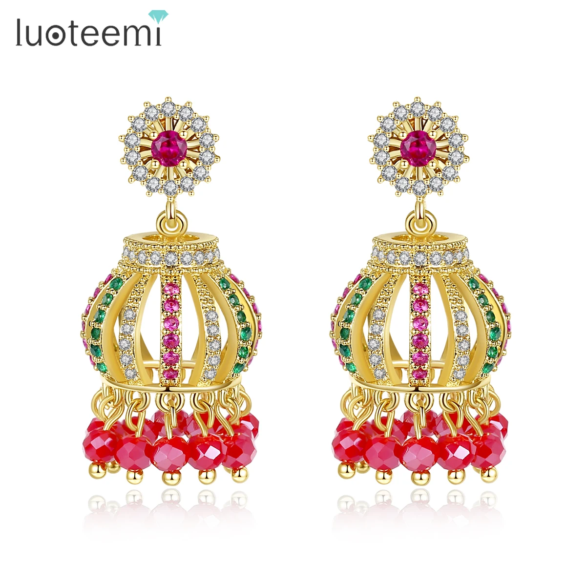 LUOTEEMI, роскошные серьги в индийском стиле, золотые, большие, висячие, для женщин, для свадьбы, вечеринки, с AAA CZ цветком, модные ювелирные изделия, Brincos