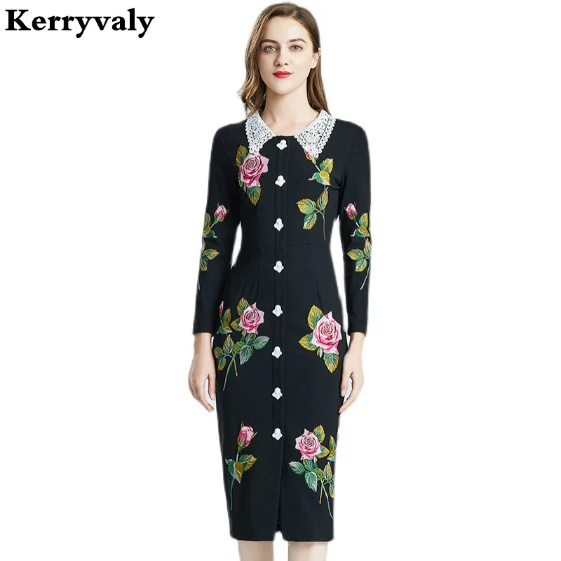 

Autumn Runway Women Bodycon Dresses Lace Splicing Peter Pan Collar Flower Buttons Single Breasted Midi Party Dress K354