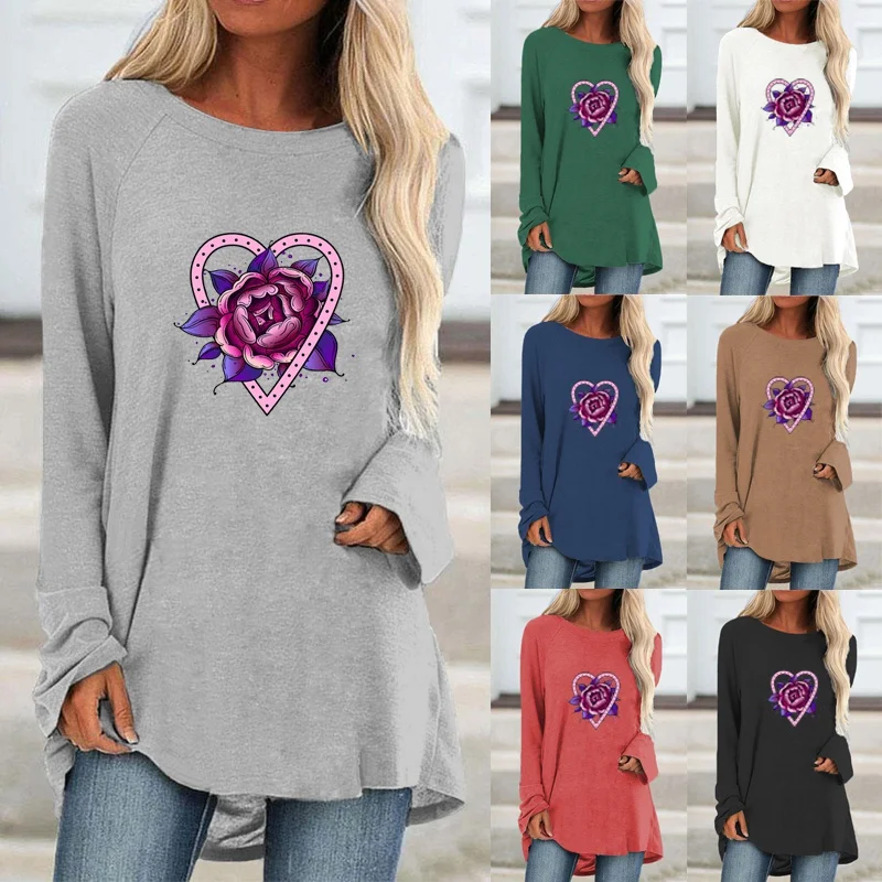 

Autumn Women's Casual Fashion Heart-shaped Printing Round Neck Long-sleeved Sweatshirt Loose Ladies Plus Size Top